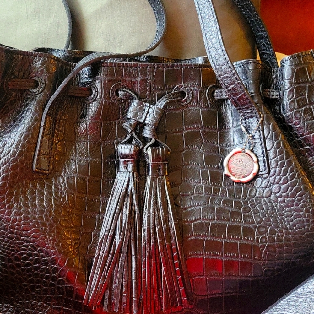 Patricia Nash Leather Drawstring Witney Tote Shoulder black crocodile NWOT